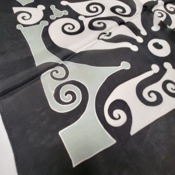 Handpainted Square Fuji Silk Scarf with black, white and sage green print - NEW - Picture 4 of 6
